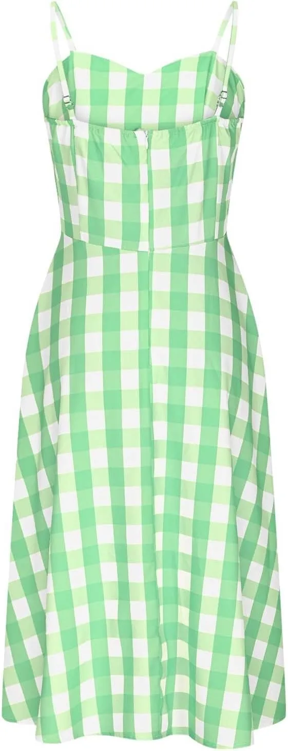 Vintage Plaid Prints Dresses for Women Sexy Straps A-Line Dress Square Neck Slimming Maxi Skirts Camp Court Wear