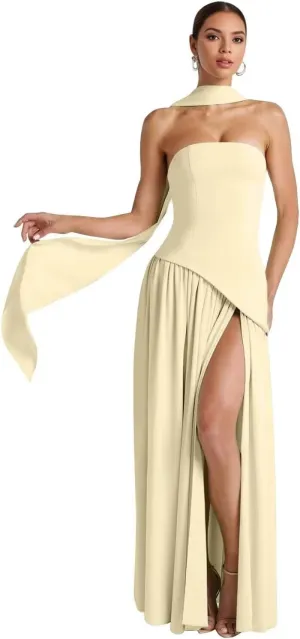 Vintage Scarf Bridesmaid Dresses for Women 2025 Satin Long Strapless Drop Waist Maxi Prom Dress RO308