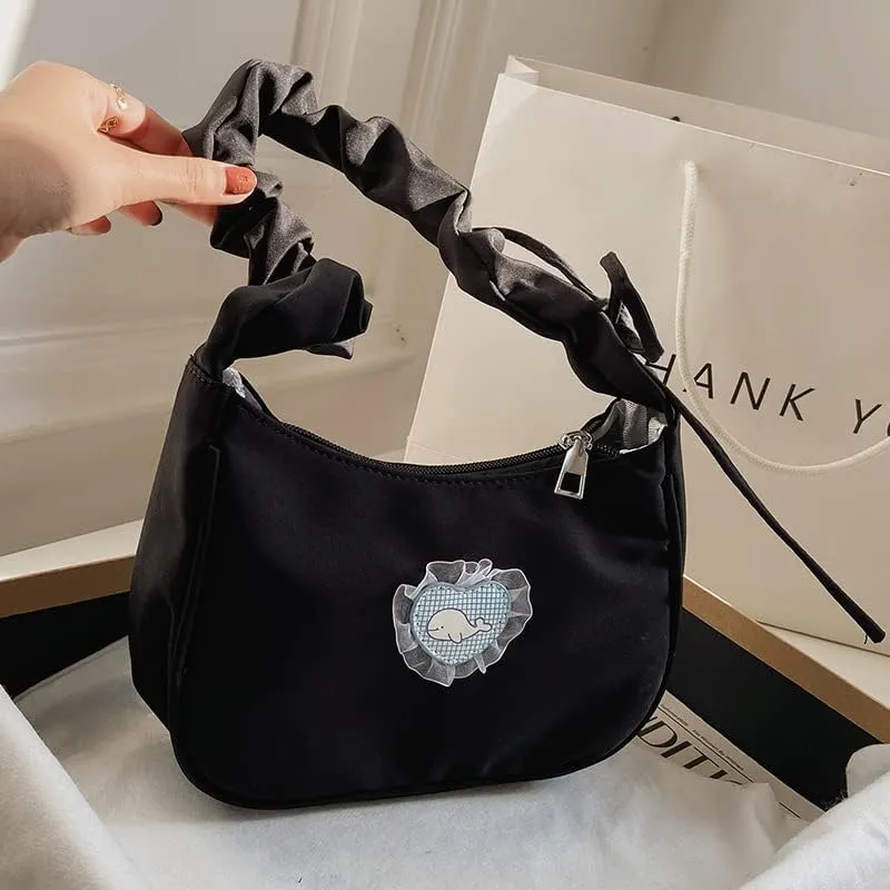 Vintage Shoulder Bag Kawaii Bag Casual Aesthetic Y2K Lace Shoulder Purse Handbags Alt Emo Accessories (Black)