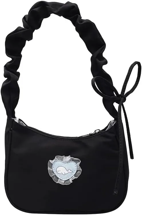 Vintage Shoulder Bag Kawaii Bag Casual Aesthetic Y2K Lace Shoulder Purse Handbags Alt Emo Accessories (Black)
