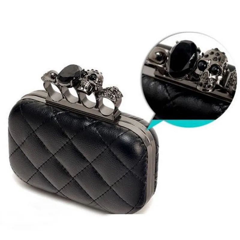 Vintage Skull purse Black Knuckle Ring Handbag Women Skull Clutch Evening Bag With shoulder Chain bolsas femininas