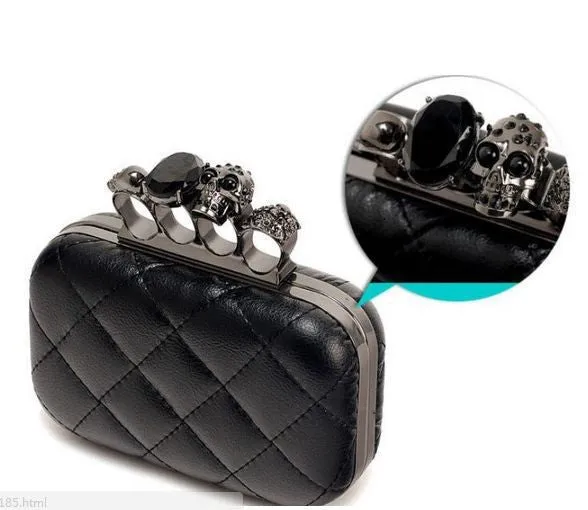 Vintage Skull purse Black Knuckle Ring Handbag Women Skull Clutch Evening Bag With shoulder Chain bolsas femininas