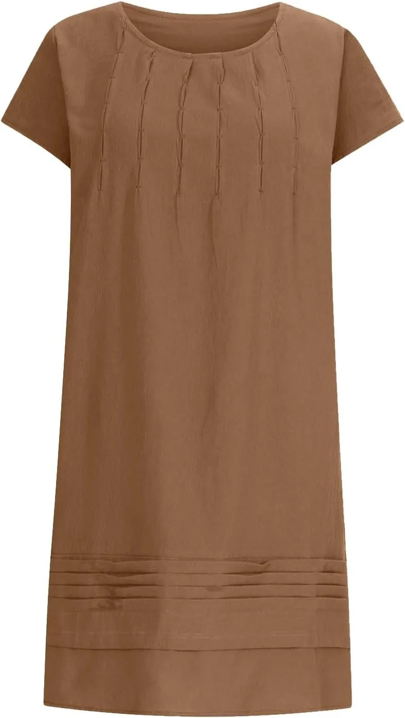 Vintage Summer Cotton Linen Dress for Women Casual Short Sleeve Ruched T Shirts Dress Loose Fit A-Line Beach Sundress