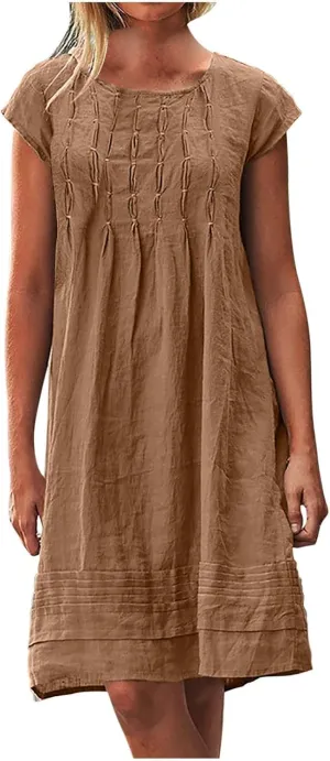 Vintage Summer Cotton Linen Dress for Women Casual Short Sleeve Ruched T Shirts Dress Loose Fit A-Line Beach Sundress