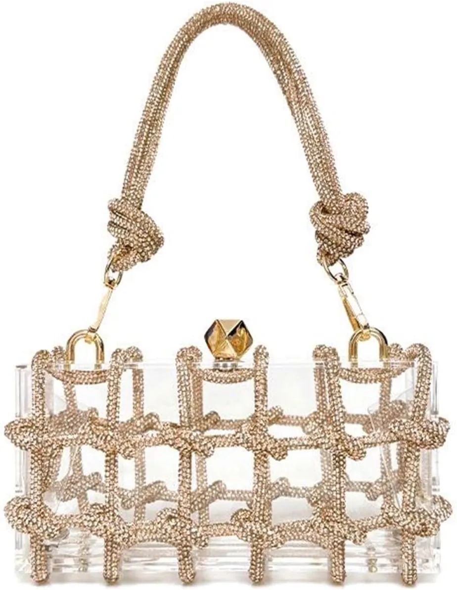 VIRVAR Clear Acrylic Bag, Acrylic Clutch with Rhinestone, Crystal-Embellished Rope Knot Evening Purses for Party Prom Wedding