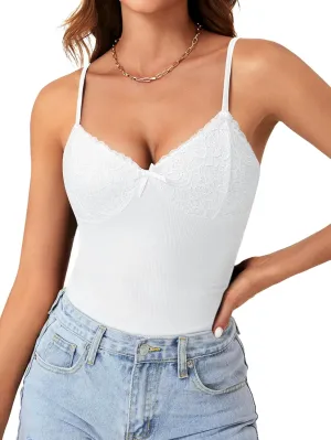 Vrtige Women's Sexy Lace Camisole Spaghetti Strap V Neck Knit Slim Cami Top Undershirt