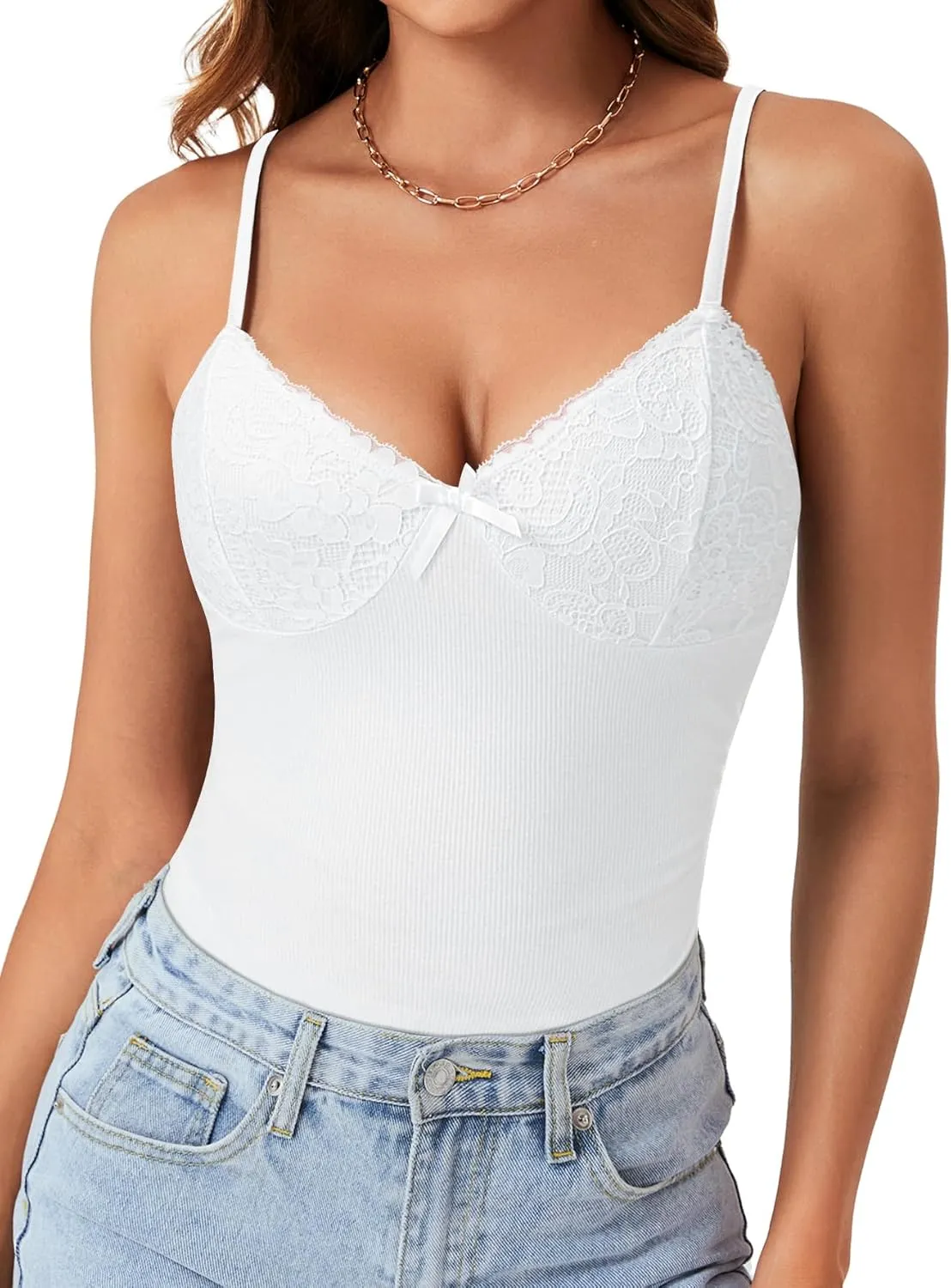 Vrtige Women's Sexy Lace Camisole Spaghetti Strap V Neck Knit Slim Cami Top Undershirt