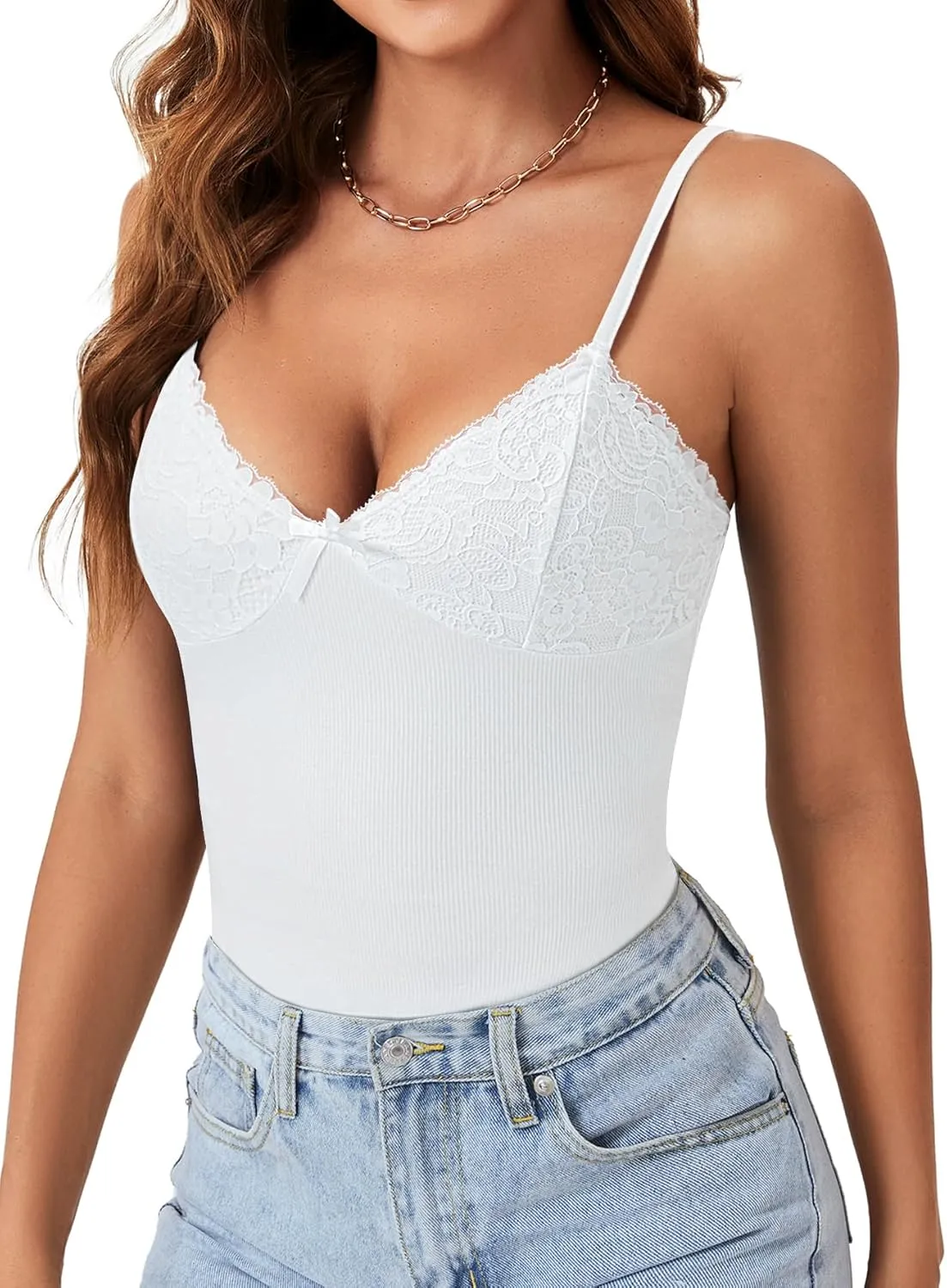Vrtige Women's Sexy Lace Camisole Spaghetti Strap V Neck Knit Slim Cami Top Undershirt