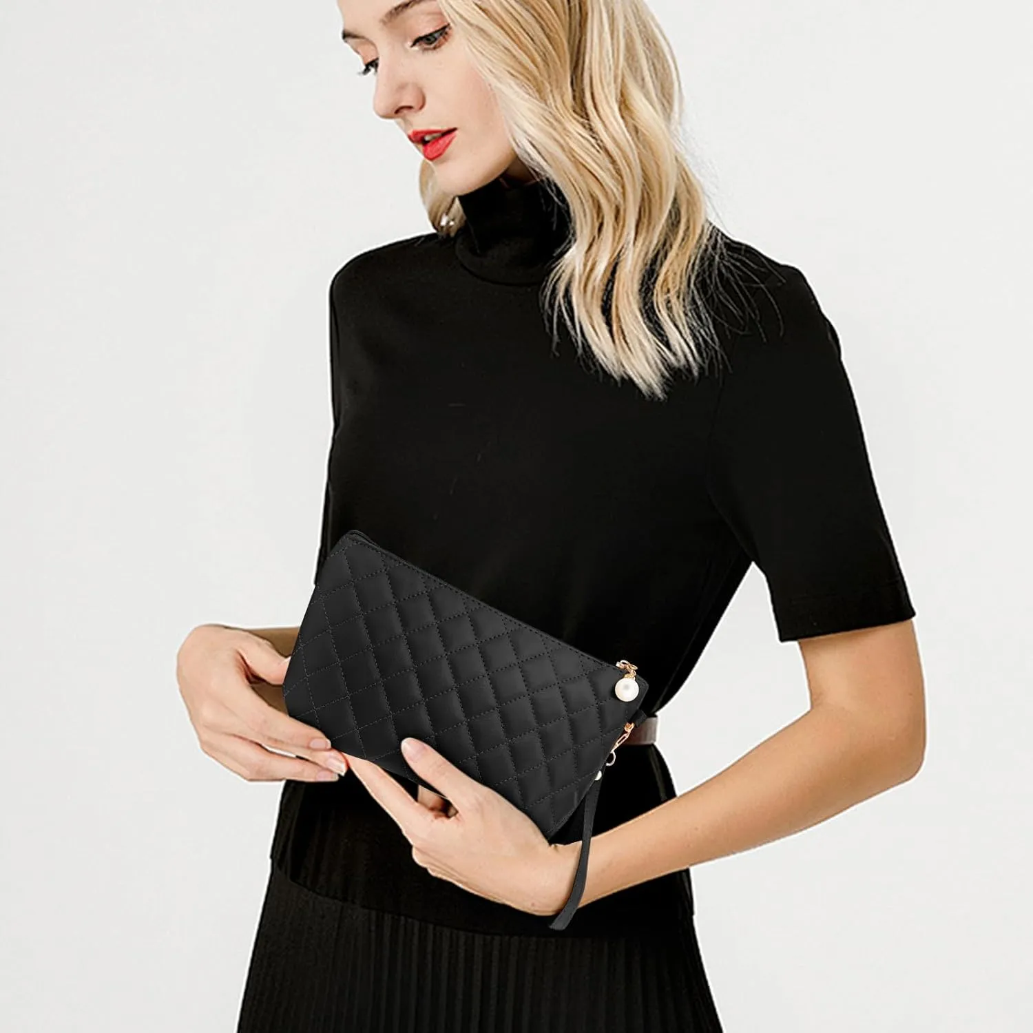 Wallet with strap wristlet purses for women Quilted Envelope Clutch Black clutch purses for women Black Evening Bag