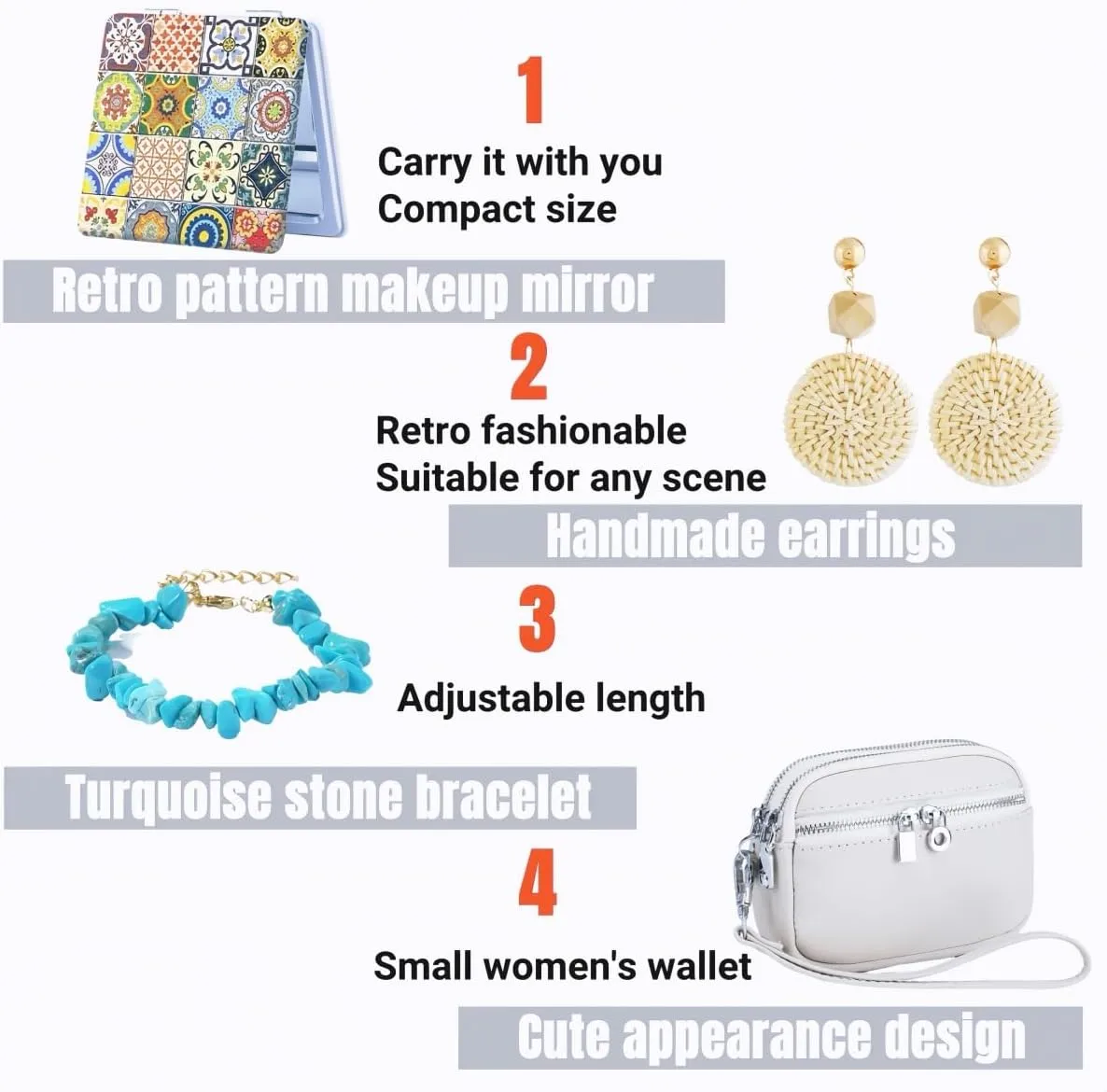 Wallet Women Coin Purse Set Genuine Leather Small Wallet Ladies Mini Purse Clutch, With Earrings,Bracelet,Makeup Mirror (White)