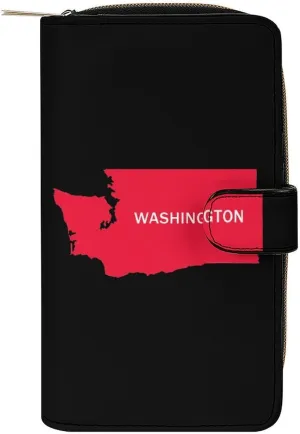 Washington State Map PU Leather Womens Wallet Large Capacity Zippered Bifold Purse with 12 Card Slot Coin Case