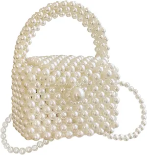 WAYUTO Pearl Crossbody Purse Handmade for Women Clutch Purses Vintage Flower Elegant Evening Purse Fancy with Pearl Strap