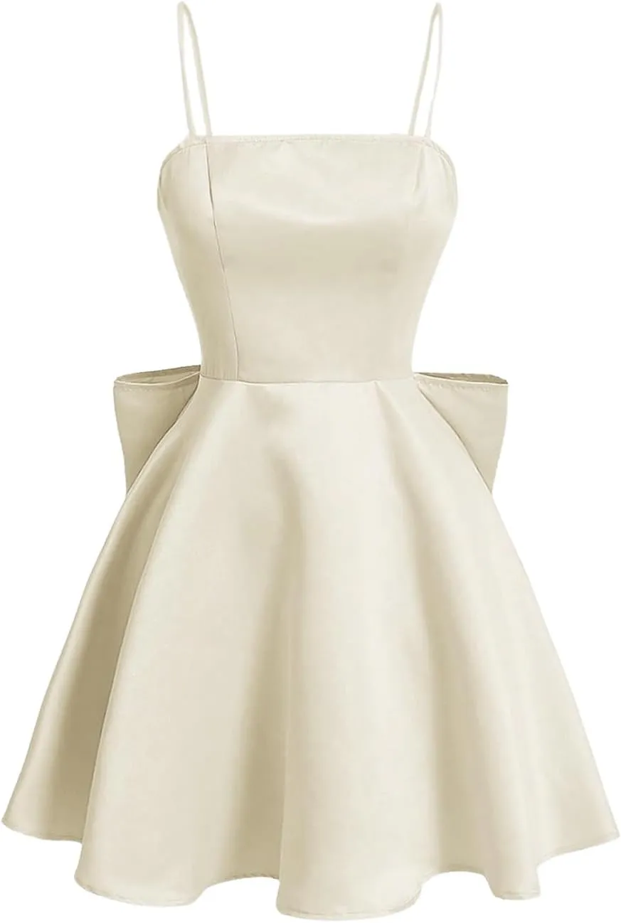 WDIRARA Women's Satin Bow Homecoming Dresses Spaghetti Strap Wedding Guest Gown Summer Mini Dress