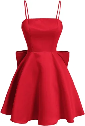 WDIRARA Women's Satin Bow Homecoming Dresses Spaghetti Strap Wedding Guest Gown Summer Mini Dress