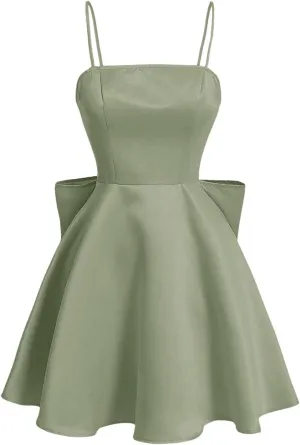 WDIRARA Women's Satin Bow Homecoming Dresses Spaghetti Strap Wedding Guest Gown Summer Mini Dress