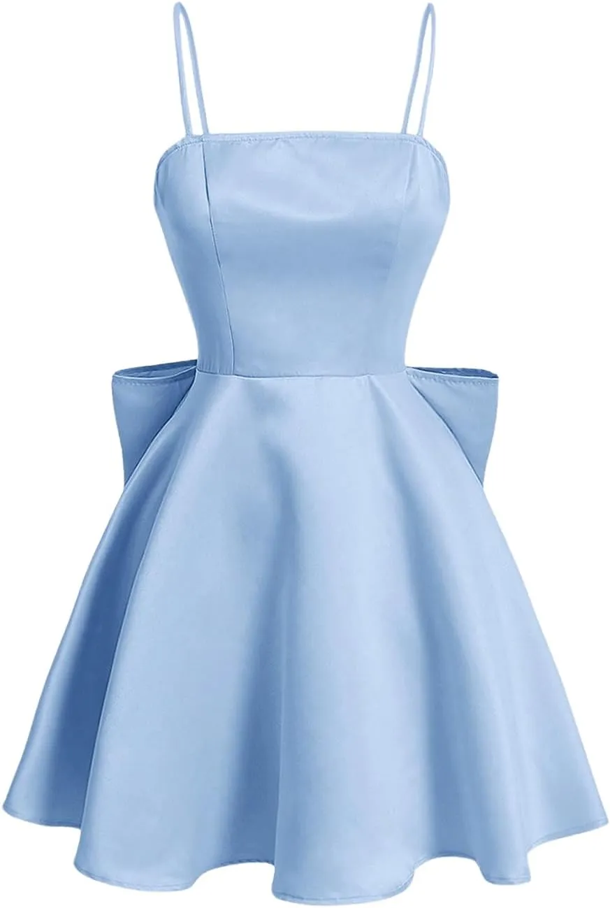 WDIRARA Women's Satin Bow Homecoming Dresses Spaghetti Strap Wedding Guest Gown Summer Mini Dress