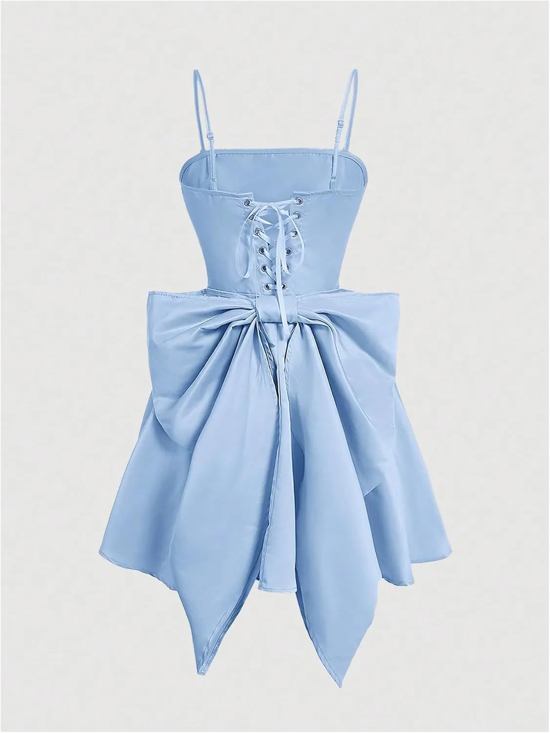 WDIRARA Women's Satin Bow Homecoming Dresses Spaghetti Strap Wedding Guest Gown Summer Mini Dress