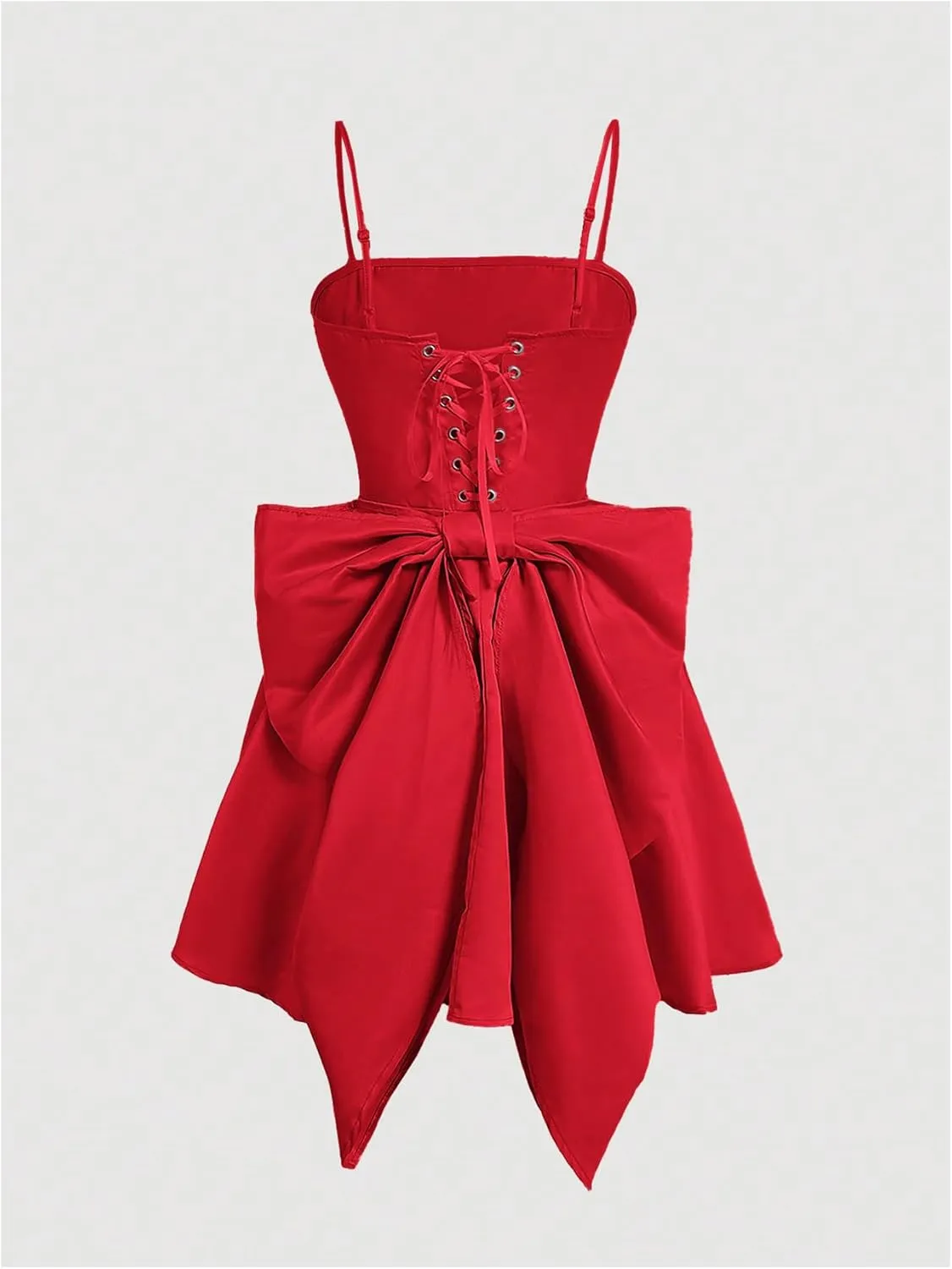 WDIRARA Women's Satin Bow Homecoming Dresses Spaghetti Strap Wedding Guest Gown Summer Mini Dress