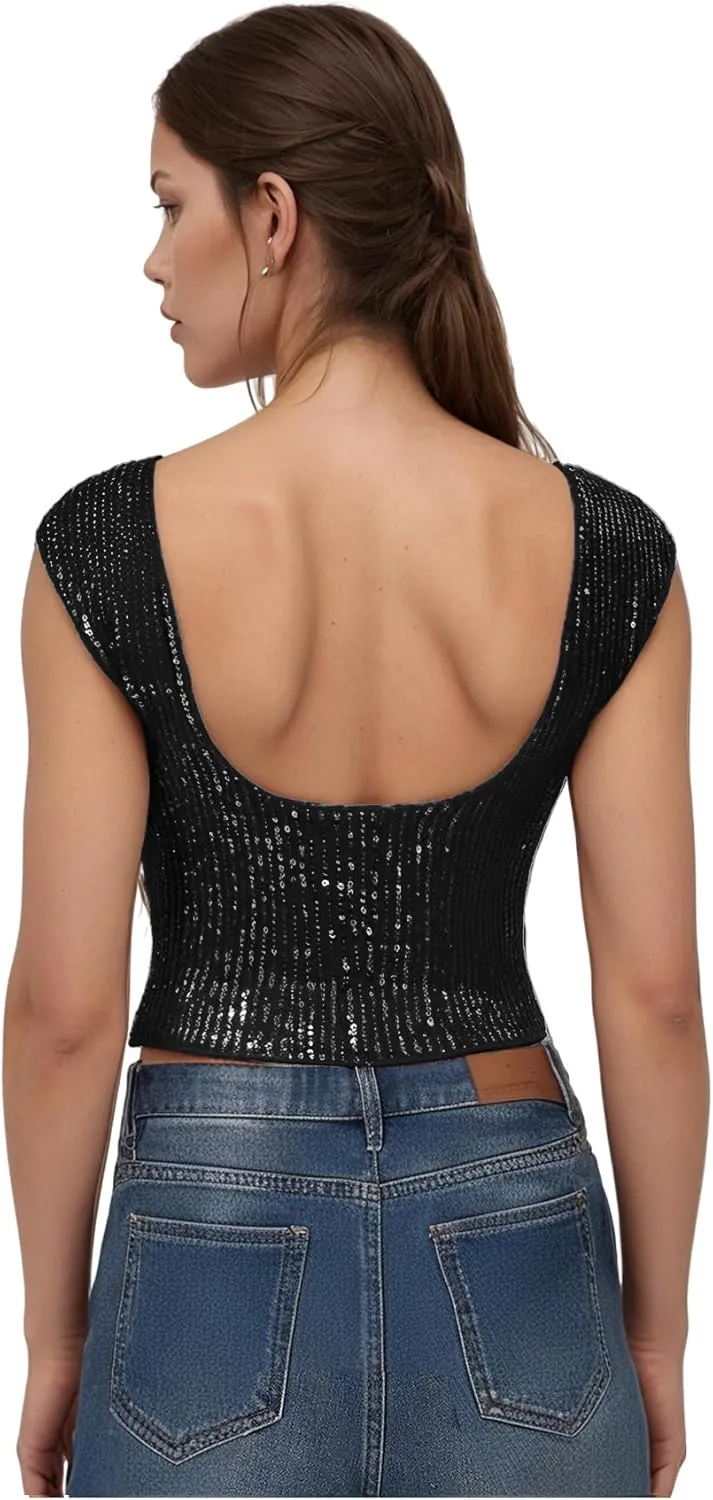 WDIRARA Women's Sequin Boat Neck Shirts Sparkle Glitter Backless Tee Cap Sleeve Crop Tops