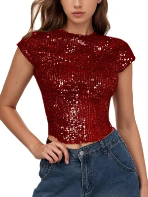 WDIRARA Women's Sequin Boat Neck Shirts Sparkle Glitter Backless Tee Cap Sleeve Crop Tops