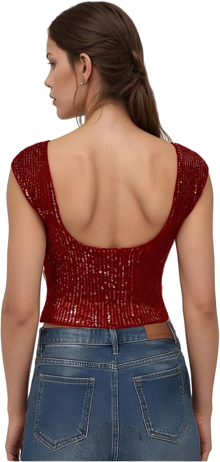 WDIRARA Women's Sequin Boat Neck Shirts Sparkle Glitter Backless Tee Cap Sleeve Crop Tops