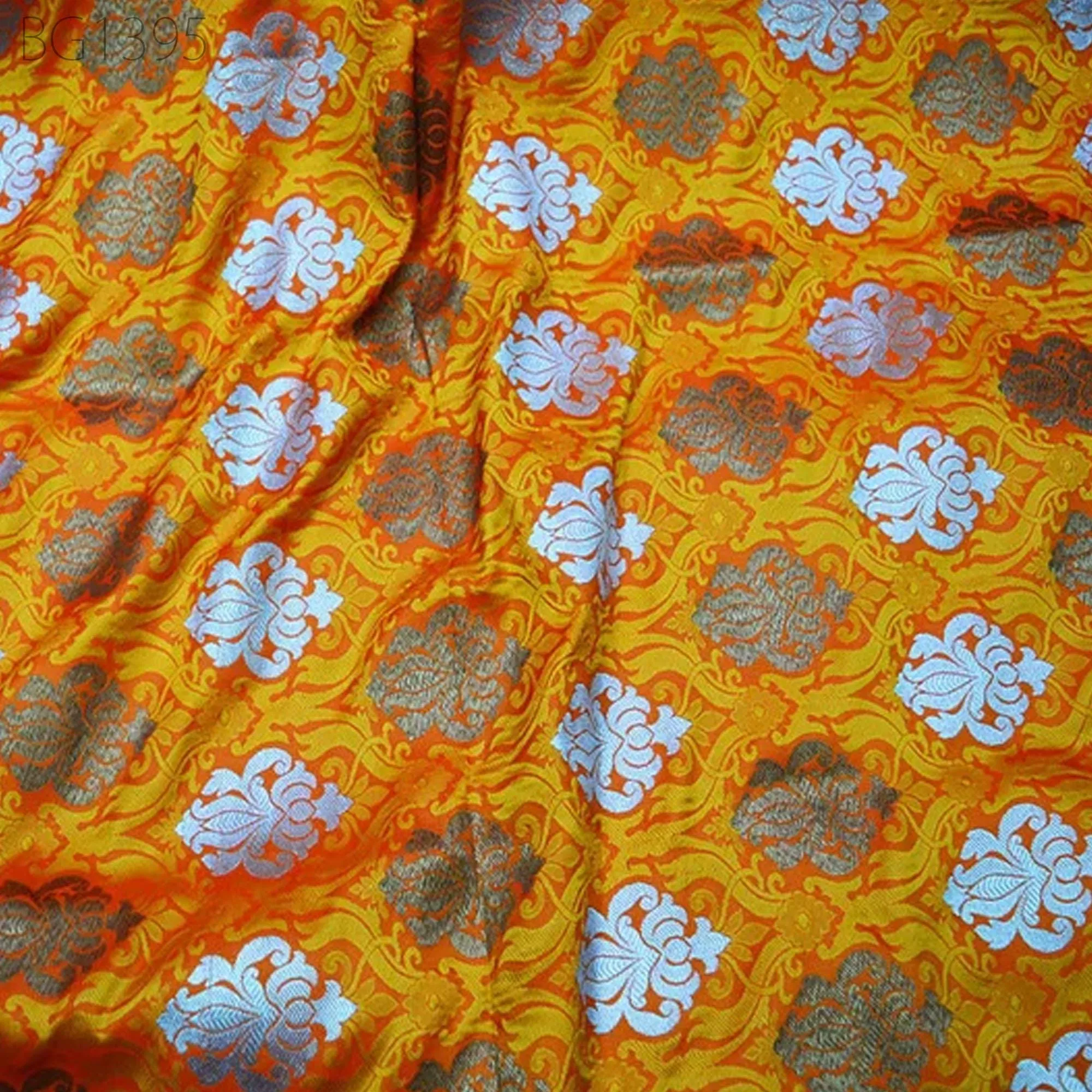 Wedding Dress Making Orange Banarasi Brocade Fabric by the Yard Banarasi blended Silk for Party Gown Skirts Frock Home Decor Curtain Fabric