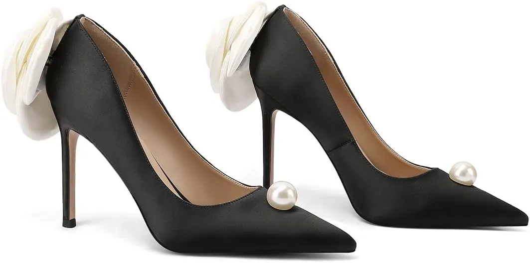 Wedding Shoes with 4' High Stiletto Heel and Pointed Toe for Women Bride Braidsmaid, Ivory White Pearl and Flower in Details for Prom Events