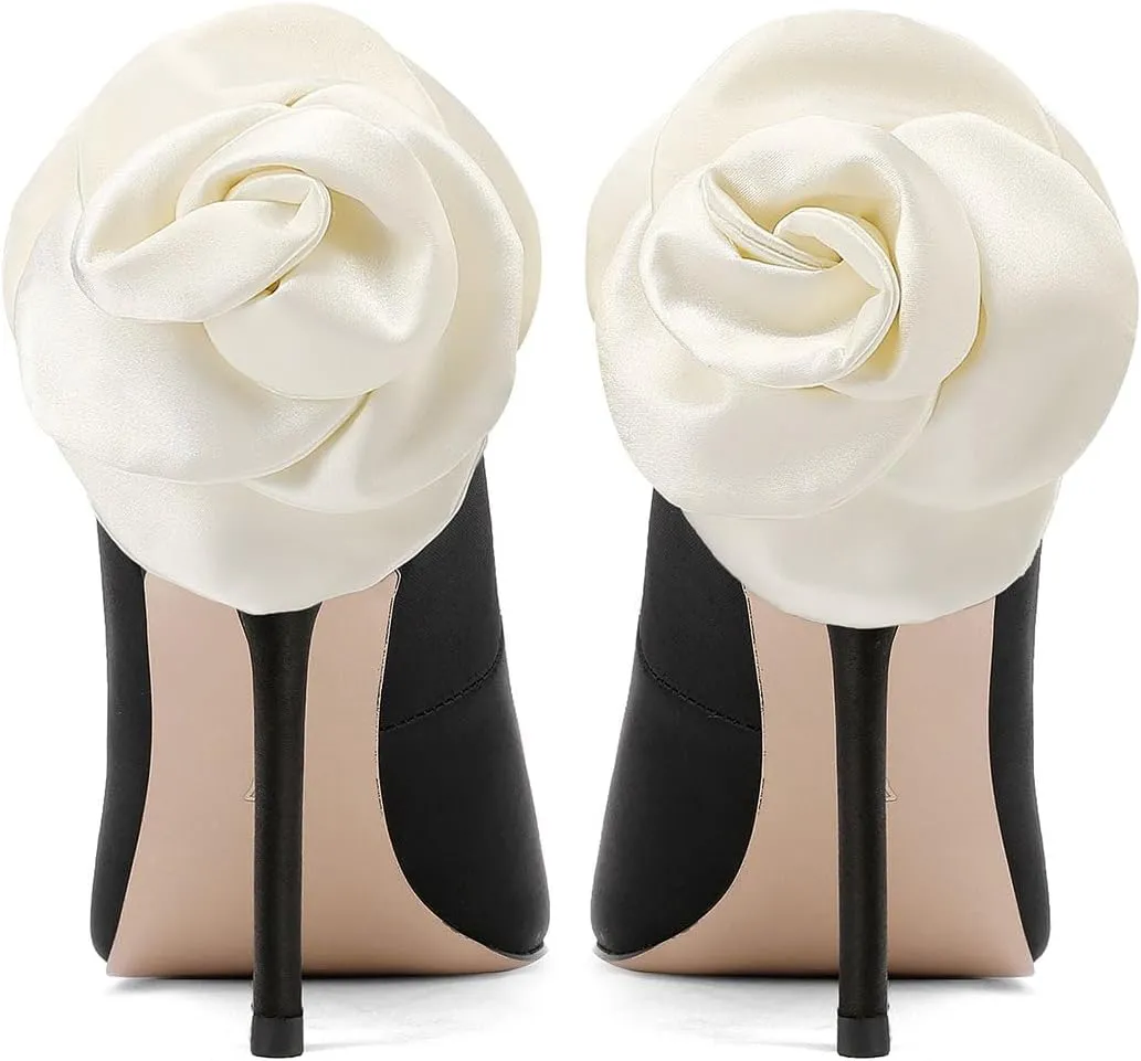 Wedding Shoes with 4' High Stiletto Heel and Pointed Toe for Women Bride Braidsmaid, Ivory White Pearl and Flower in Details for Prom Events