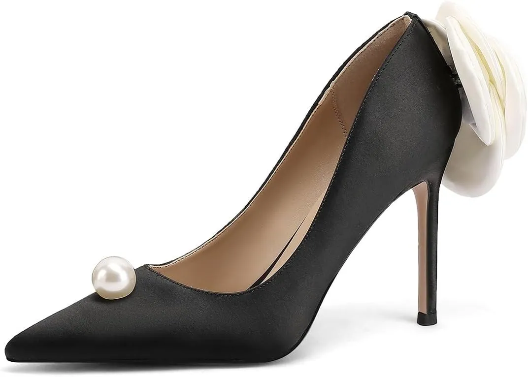 Wedding Shoes with 4' High Stiletto Heel and Pointed Toe for Women Bride Braidsmaid, Ivory White Pearl and Flower in Details for Prom Events