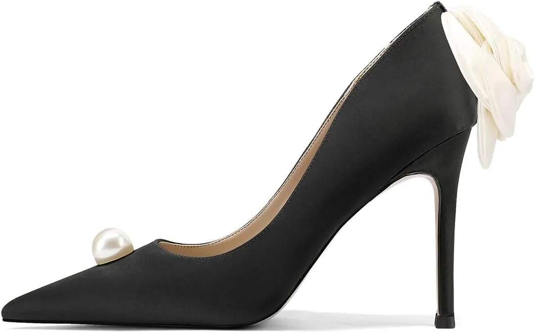 Wedding Shoes with 4' High Stiletto Heel and Pointed Toe for Women Bride Braidsmaid, Ivory White Pearl and Flower in Details for Prom Events