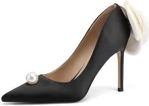 Wedding Shoes with 4' High Stiletto Heel and Pointed Toe for Women Bride Braidsmaid, Ivory White Pearl and Flower in Details for Prom Events