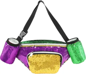 Wehhbtye Mardi Gras Fanny Pack, Mardi Gras Sequins Waist Pack with 2 Drink Holders, Reversible Purple Gold Green Glitter Belt Bag for Women Men Carnival Party Decoration Outfit Accessories