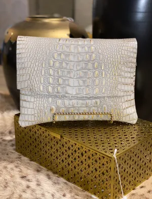 White and Gold Gator Clutch