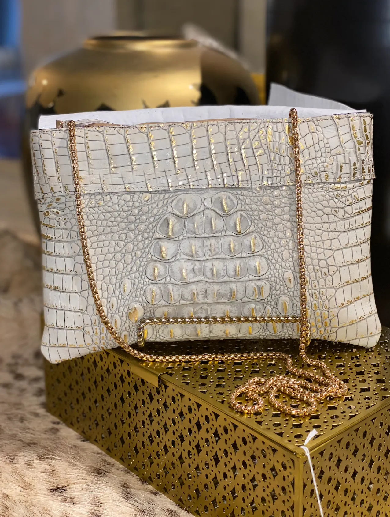 White and Gold Gator Clutch