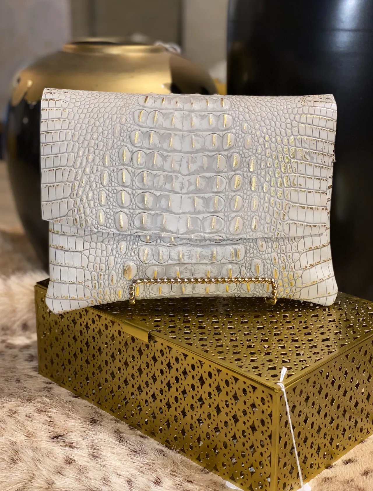 White and Gold Gator Clutch