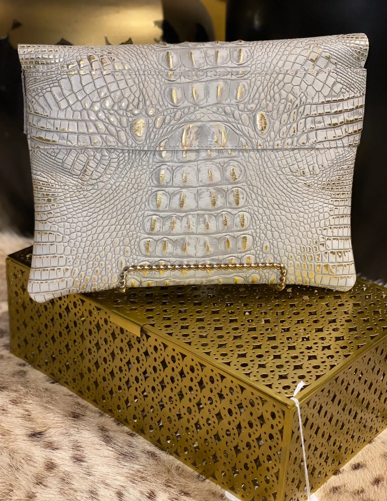 White and Gold Gator Clutch