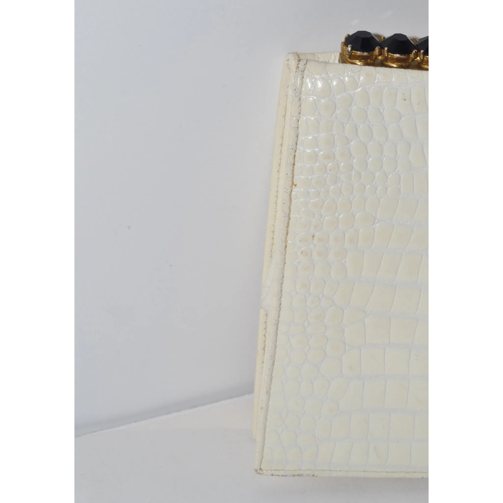 White Embossed Leather Jeweled Clutch