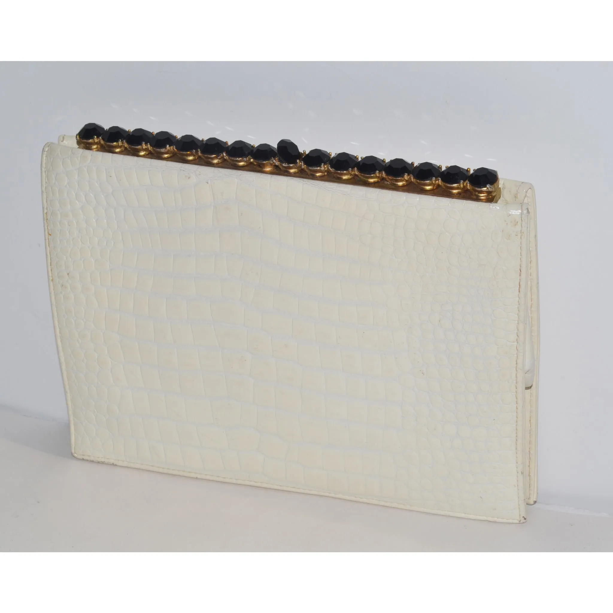 White Embossed Leather Jeweled Clutch