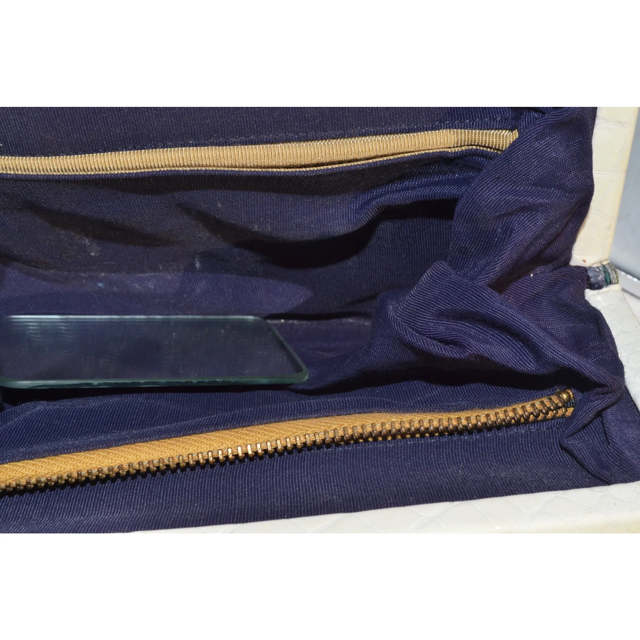 White Embossed Leather Jeweled Clutch