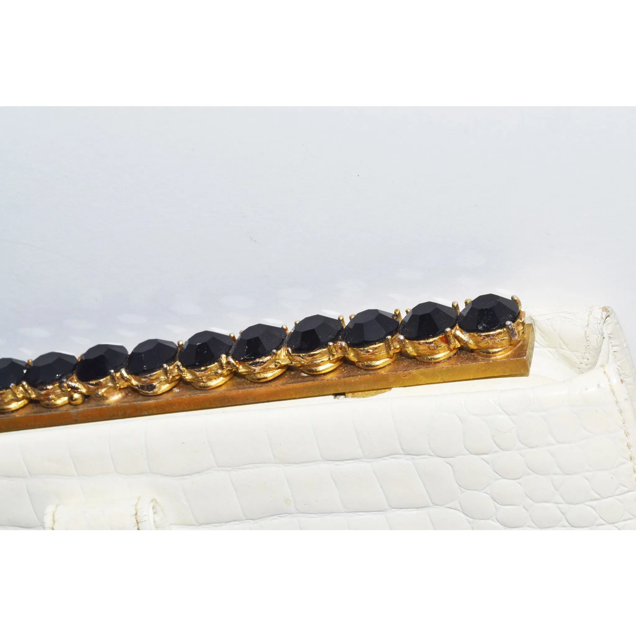 White Embossed Leather Jeweled Clutch
