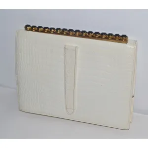 White Embossed Leather Jeweled Clutch