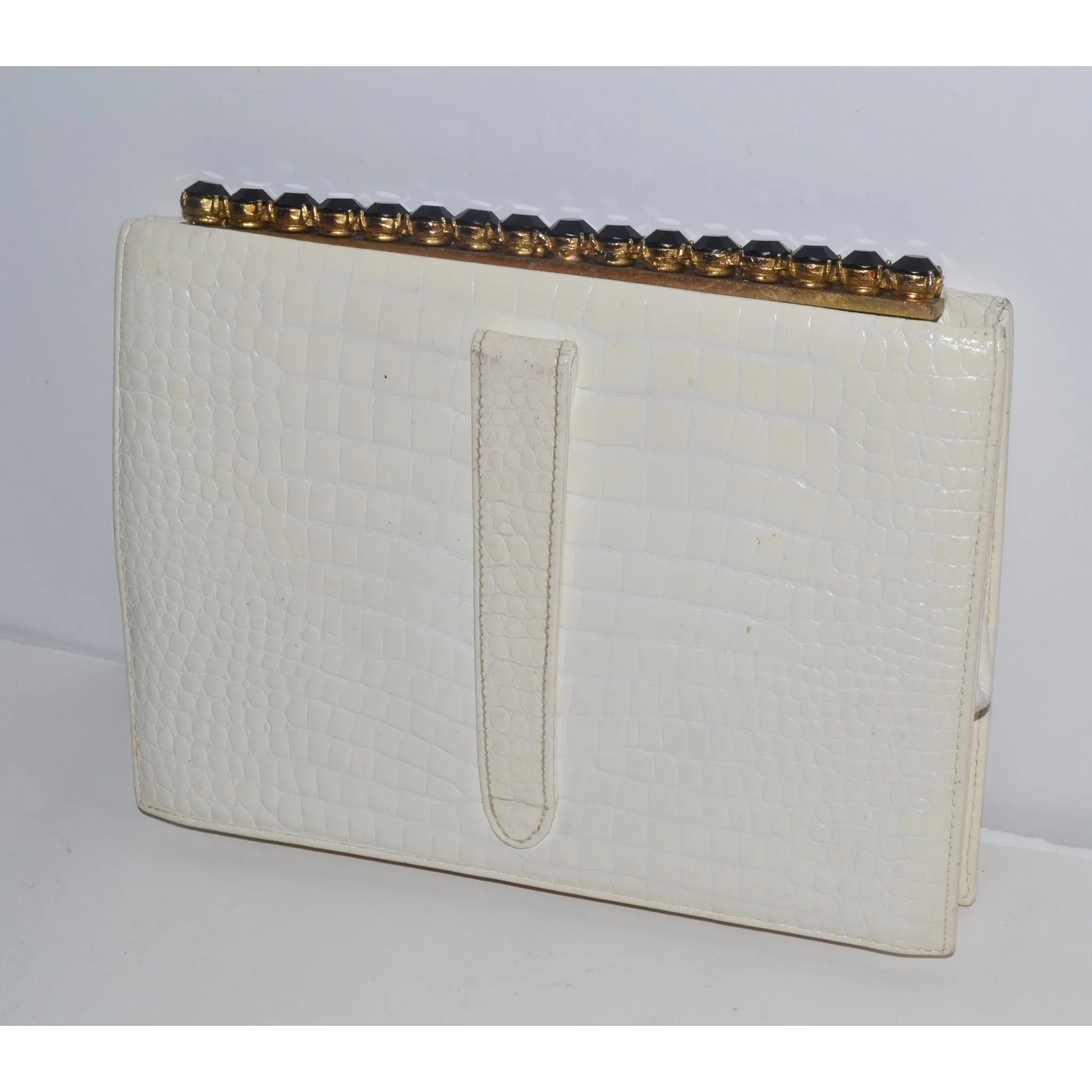 White Embossed Leather Jeweled Clutch