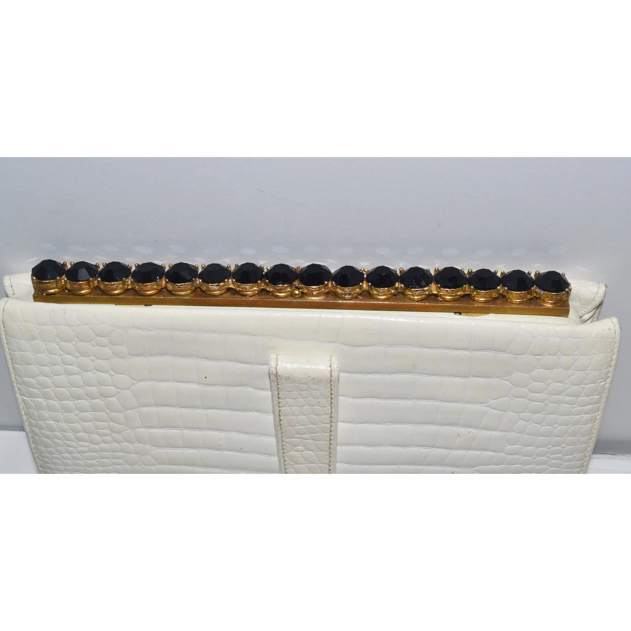 White Embossed Leather Jeweled Clutch