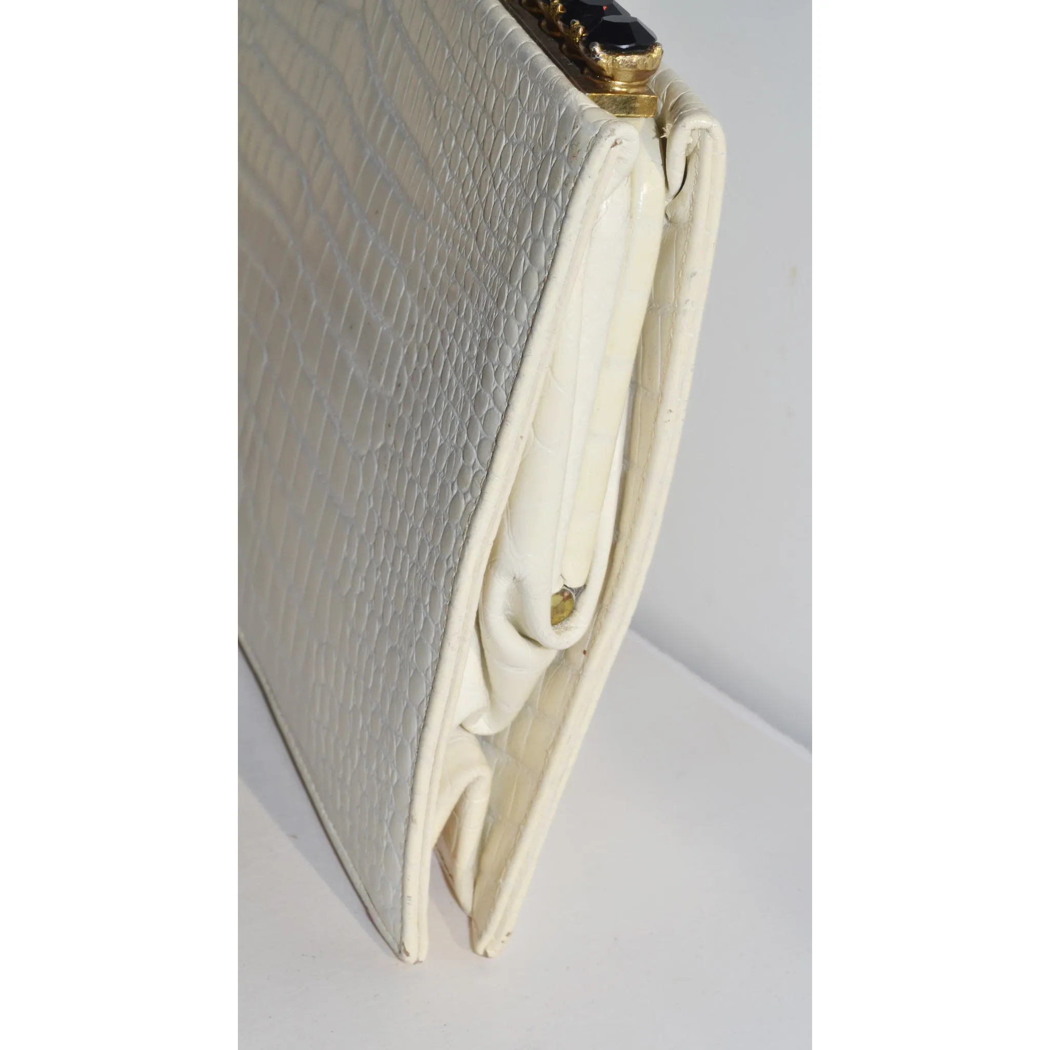 White Embossed Leather Jeweled Clutch