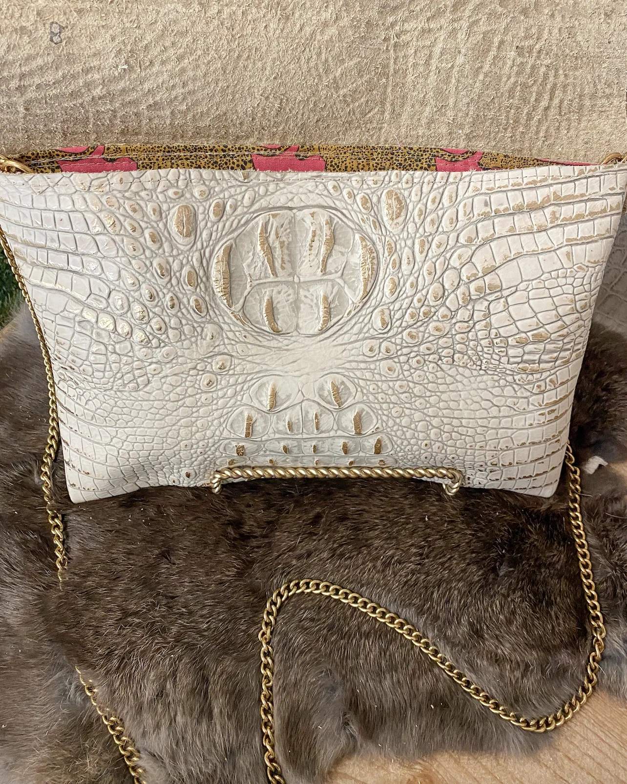 White/Gold Croc Double Flap Clutch/Crossbody