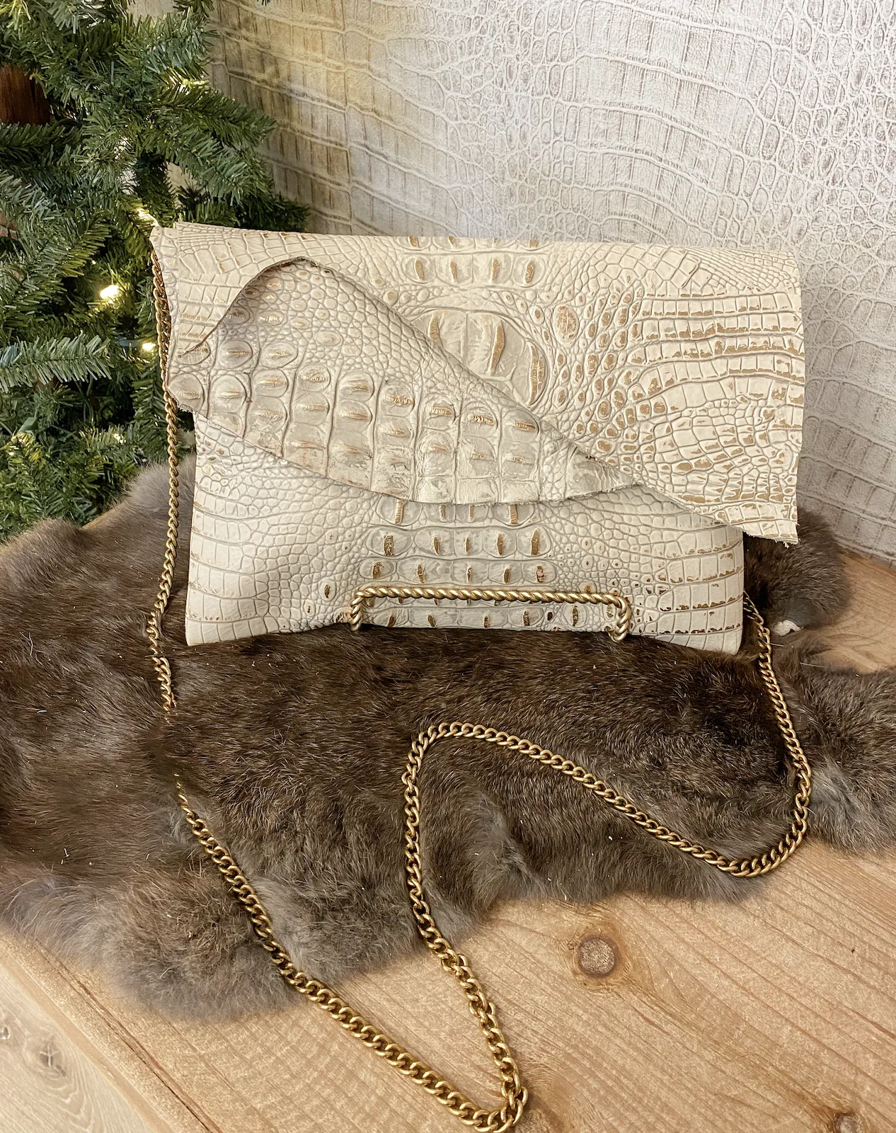 White/Gold Croc Double Flap Clutch/Crossbody