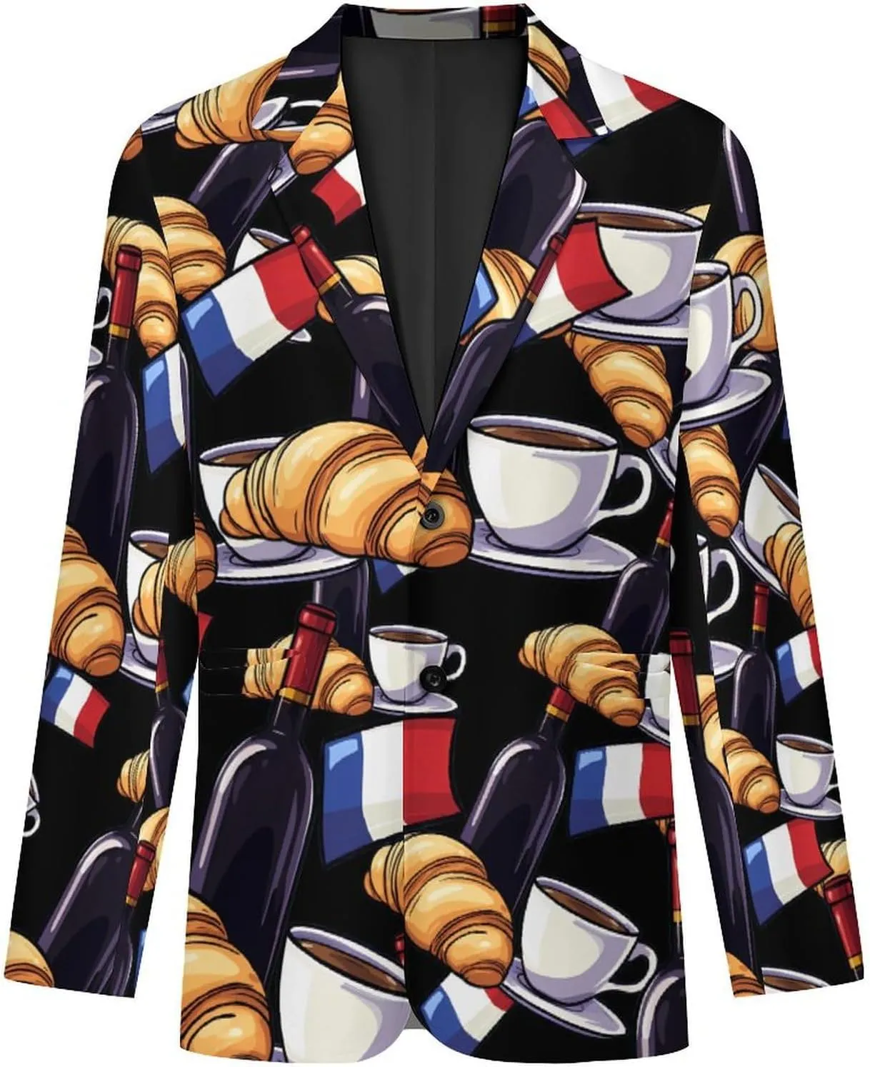 Wine Coffee Croissants France Flag Men's Suit Long-Sleeve Two Button Tuxedo Business Jacket for Wedding Office