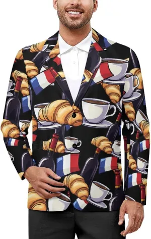 Wine Coffee Croissants France Flag Men's Suit Long-Sleeve Two Button Tuxedo Business Jacket for Wedding Office
