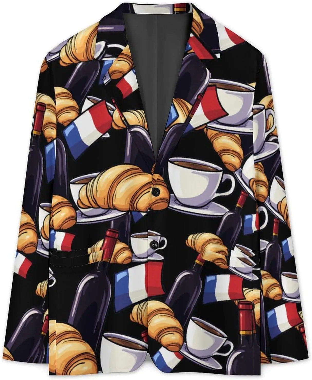 Wine Coffee Croissants France Flag Men's Suit Long-Sleeve Two Button Tuxedo Business Jacket for Wedding Office