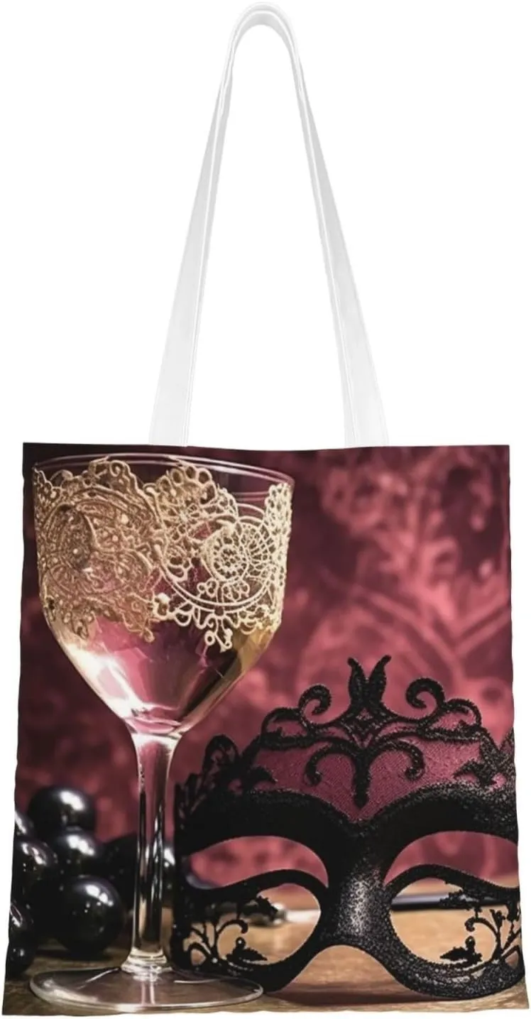 Wine Glass ​Lace Mask Canvas Tote Bag for Women Grocery Bag Reusable Aesthetic Shopping Bags Beach Handbag